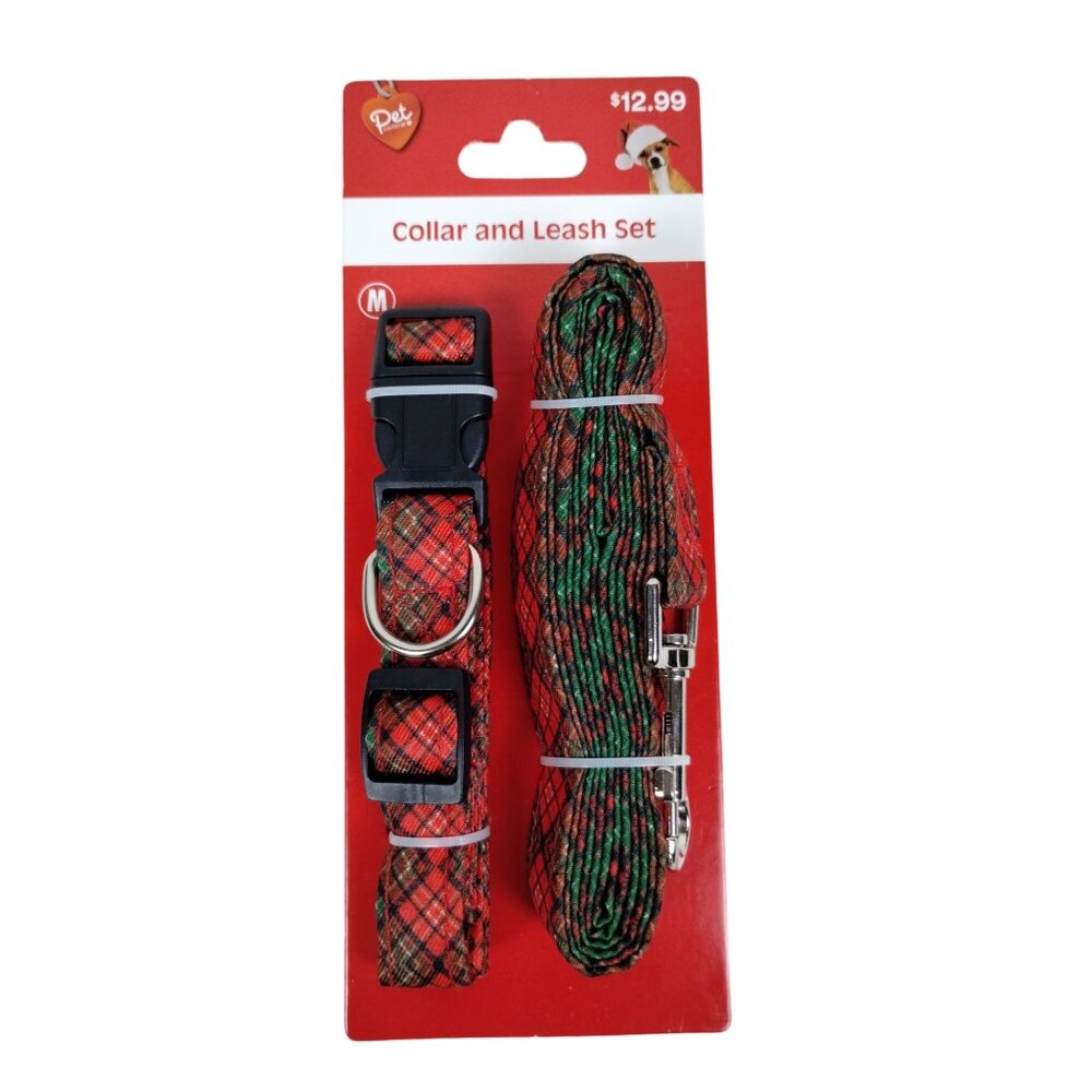 Pet Central Dog Medium 14 to 20 inch Red and Green Plaid Collar and Leash Set